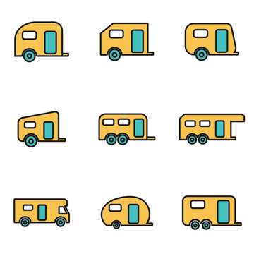 Trendy flat line icon pack for designers and developers. Vector line trailer icon set, trailer icon object, trailer icon picture, trailer image - stock vector