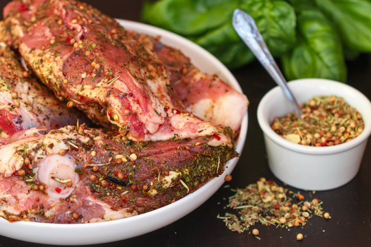 Raw Meat With Spices. The Lamb In The Marinade