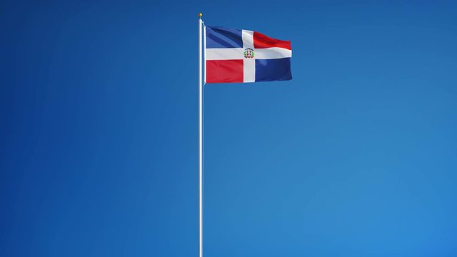 Dominican Republic flag waving in slow motion against clean blue sky, seamlessly looped, long shot, isolated on alpha channel with black and white matte, perfect for film, news, digital composition