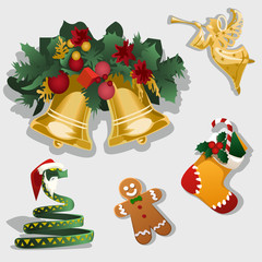 Christmas symbol, gingerbread, ornaments and gifts