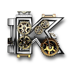 k isolated metal letter with gears on white background