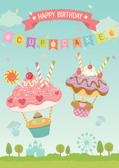 Birthday card with cupcake design to hot air balloons.