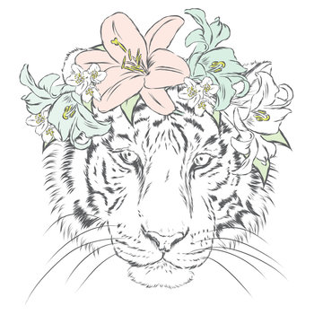 Tiger in a wreath of flowers. Vector illustration. Print on clothes, postcard or poster.
