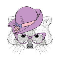 Cute raccoon in a ladies' hat. Vector illustration. Print.