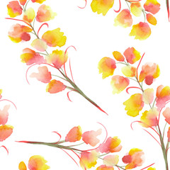 Seamless pattern with the isolated watercolor orange, yellow and red Delphinium (Larkspur) flower, hand drawn on a white background