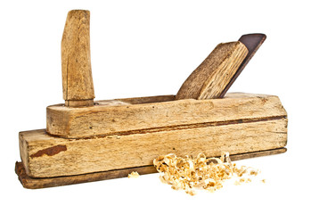 Handed planer and wood shavings on a white background