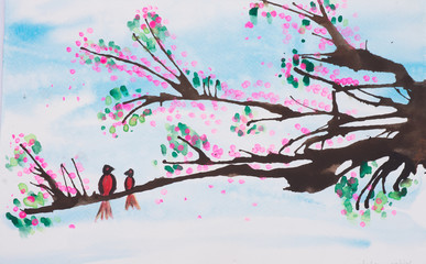 Birds hanging on the tree water color paintin