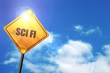 Yellow road sign with a blue sky and white clouds: sci fi