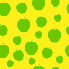 Seamless background with ripe juicy green apple isolated on bright yellow background. For wallpaper, wrapping paper, textile decoration.