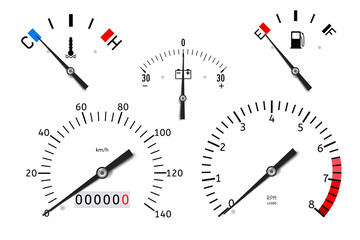 Dashboard: temperature, fuel, accumulator charge gauge, speedometer, tachometer - obrazy, fototapety, plakaty