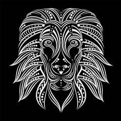 Lion painted in ethnic style . Lion of the patterns. Indian / African style . Sketch of tattoo or print on a T-shirt , cover , poster , postcard, or clothing . Print for a backpack or bag .
