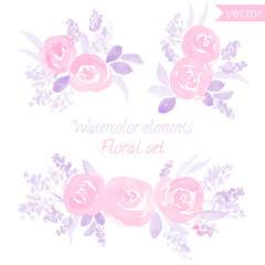 A set of watercolor roses flowers and leaf. Vector collection with leaves and flowers, hand drawing. Can be used for design for invitation, wedding or greeting cards