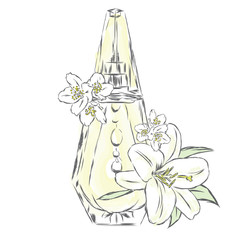 Perfume bottle and flowers. Vector illustration. Print on a postcard, poster or clothing.