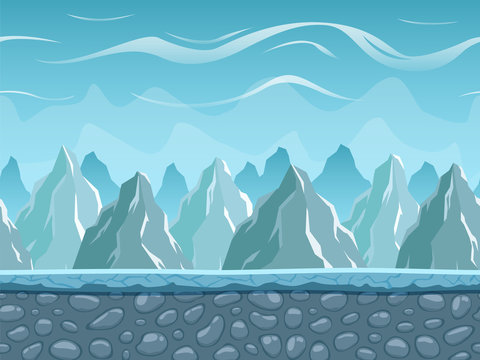 Seamless cartoon landscape with mountains. Vector unending background with separated layers ready for game and animation. Vector illustration.
