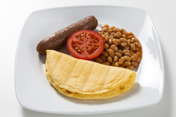 Sausage omelette and baked beans
