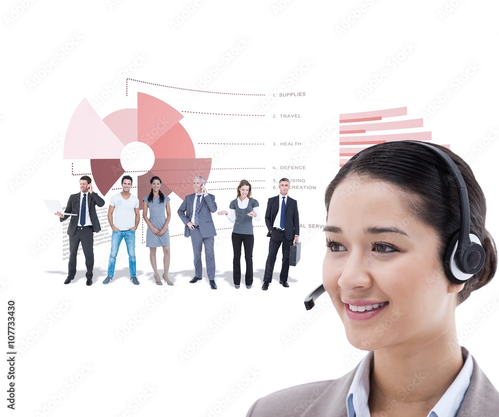 Poster composite image of happy operator posing with a headset