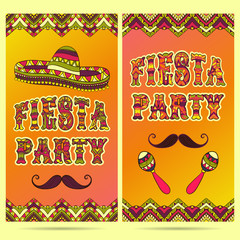 Beautiful greeting card, invitation for fiesta festival. Design concept for Mexican Cinco de Mayo holiday with maracas, sombrero, mustache and ornate border. Colorful hand drawn vector illustration