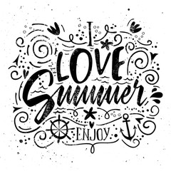 Print for T-shirt. Vector illustration. Grunge style. I love summer.