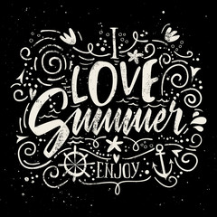 Print for T-shirt. Vector illustration. Grunge style. I love summer.