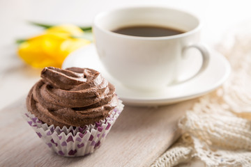 Chocolate cupcakes on white wood background