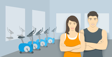 Personal fitness trainers in gym. Smiling asian woman and man sport instructors in fitness room with exercise bikes. Promotional vector illustration of sport club, fitness center, individual training.