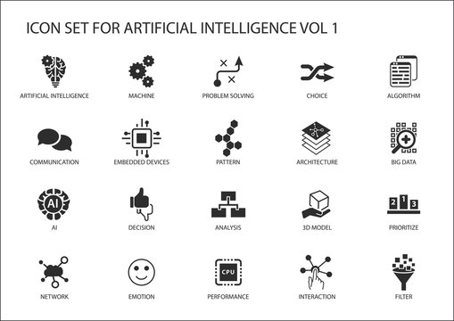 Vector icon set for artificial intelligence (AI) concept. Various symbols for the topic using flat design