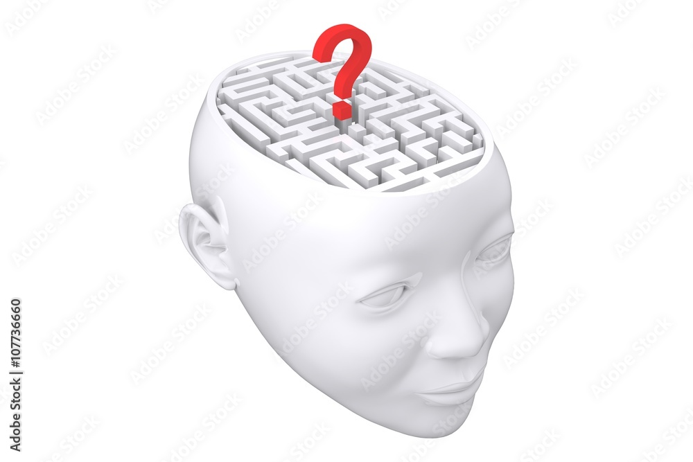 Poster composite image of maze as brain with question mark
