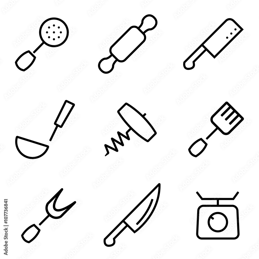 Wall mural Vector line kitchen and cooking icons set. Kitchen and Cooking Icon Object, Kitchen and Cooking Icon Picture - stock vector