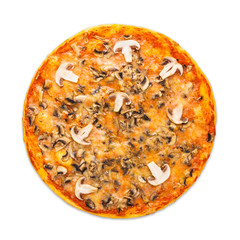 Delicious pizza with mushrooms and smoked chicken