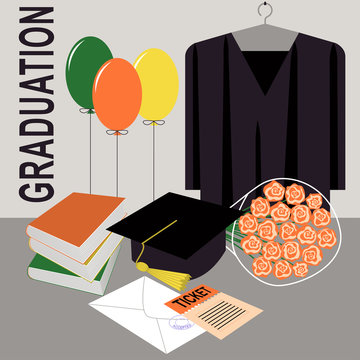 Graduation design over grey background. Graduation robe and graduation cap.
Color balloons and bouquet of roses. Acceptance letter.Ticket and stack of books. Isolated background.