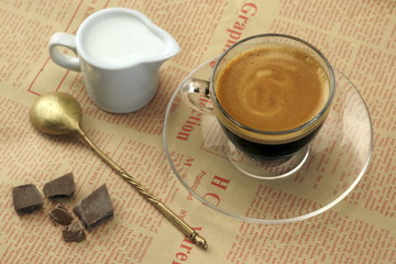 Transparent Coffee Cup With Espresso, Milk And  Chocolate On New