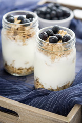 Yogurt with fresh blueberries and cereals

