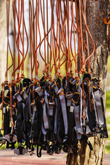 Fototapeta na wymiar Harnesses and other protective gear for rock climbers