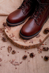 Brown boots on a wooden surface with pine cones