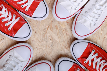 Sneakers on the wood background