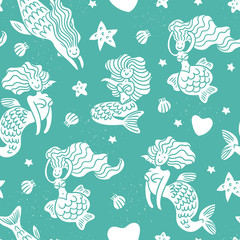 Mermaids in playful mood with seashells, hearts and stars seamless pattern 
