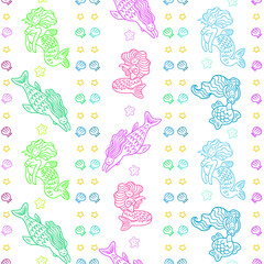 Mermaids in playful mood with seashells, hearts and stars seamless pattern 