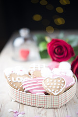 Festive cookies with hearts and roses for Valentine's Day.