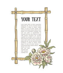 Yellow bamboo frame with peonies. Vector illustration.