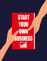 Male and Female hands holding or passing a hardback book with the title Start Your Own Business on the front cover