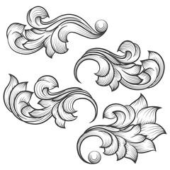 Baroque engraving leaf scroll. Retro foliage ornament element vector illustration