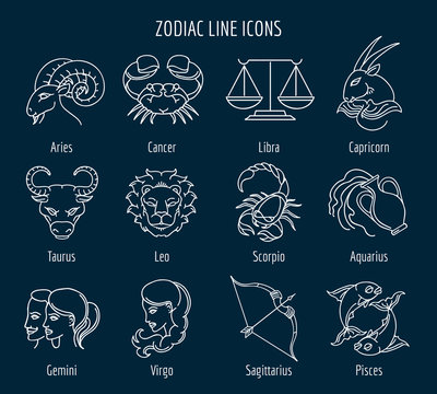 Zodiac Line Icons. Zodiac Signs In Thin Line Style