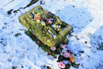Stone Sculpture on the Tomb from old Prague Cemetery Olsany, Czech Republic