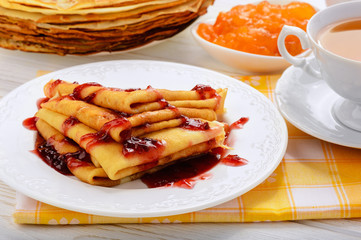Pancakes with jam and cup of tea.