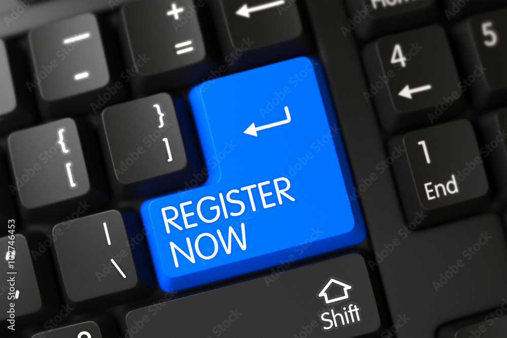Poster register now keypad on pc keyboard. register now close up of modern laptop keyboard on a modern lapt