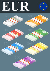 Colorful euro banknotes. Isometric design vector illustration.