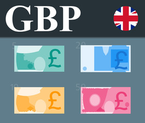 Colorful pound sterling banknotes. Flat design vector illustration.