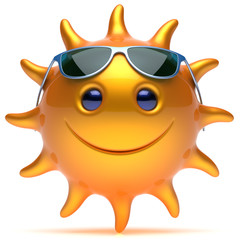 Smile sun cheerful star face sunglasses summer smiley cartoon ball emoticon happy sunny heat yellow orange person icon. Smiling laughing character chilling sunbathing tropics fiery avatar. 3D render