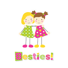 little blonde and brown haired girls holding arms around each other with besties typography