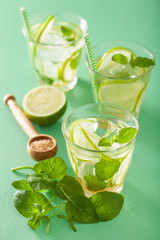 mojito cocktail and ingredients over green background